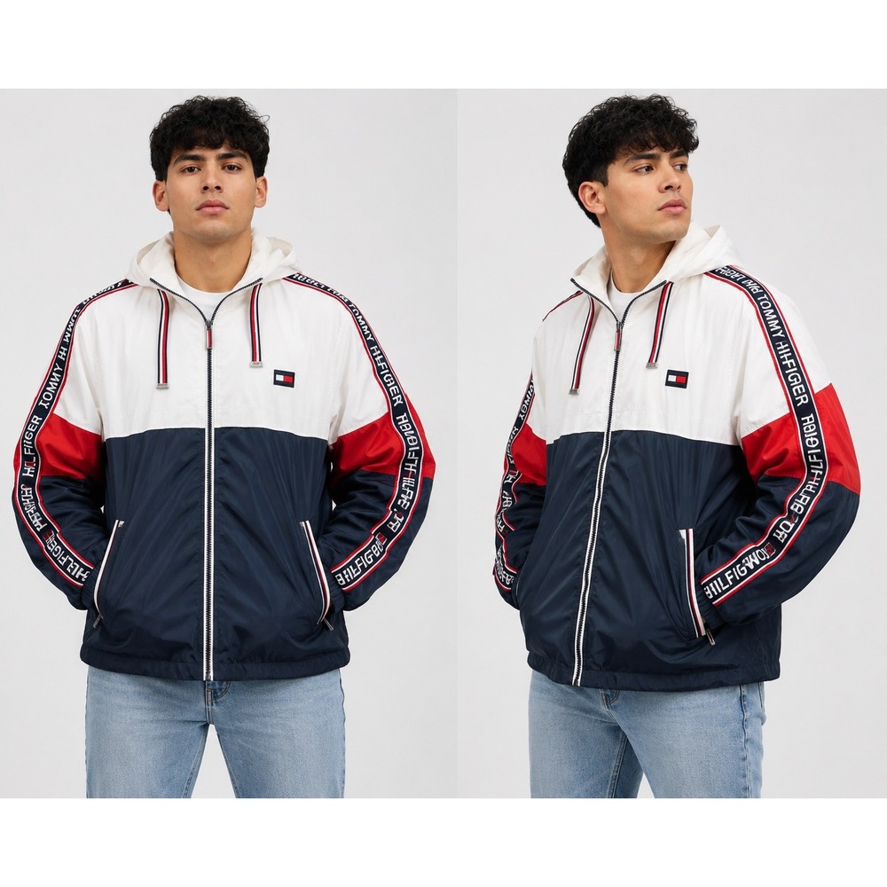 Tommy Hilfiger Windbreaker Jacket XL Navy White Red Logo Tape Hooded Full Zip